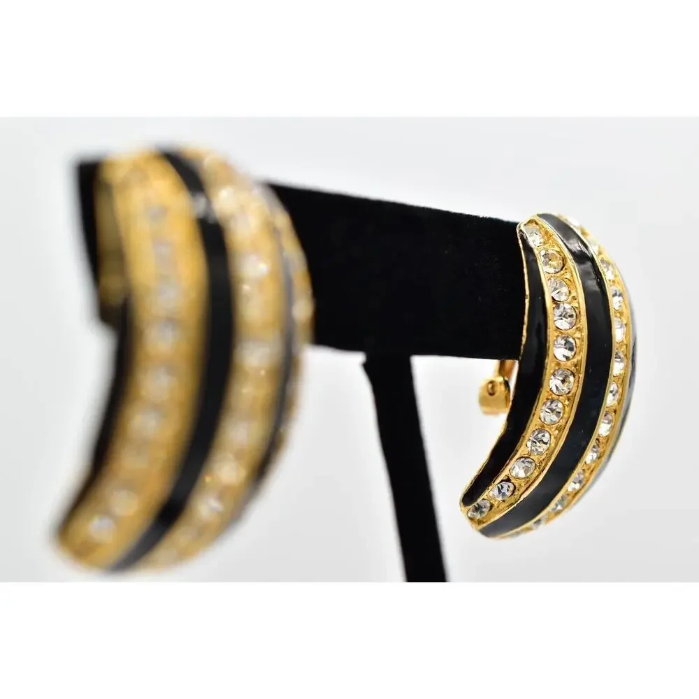 Vintage Crystal Clip On Earrings Black Enamel Rhinestone Gold Chunky 1980s BinBK